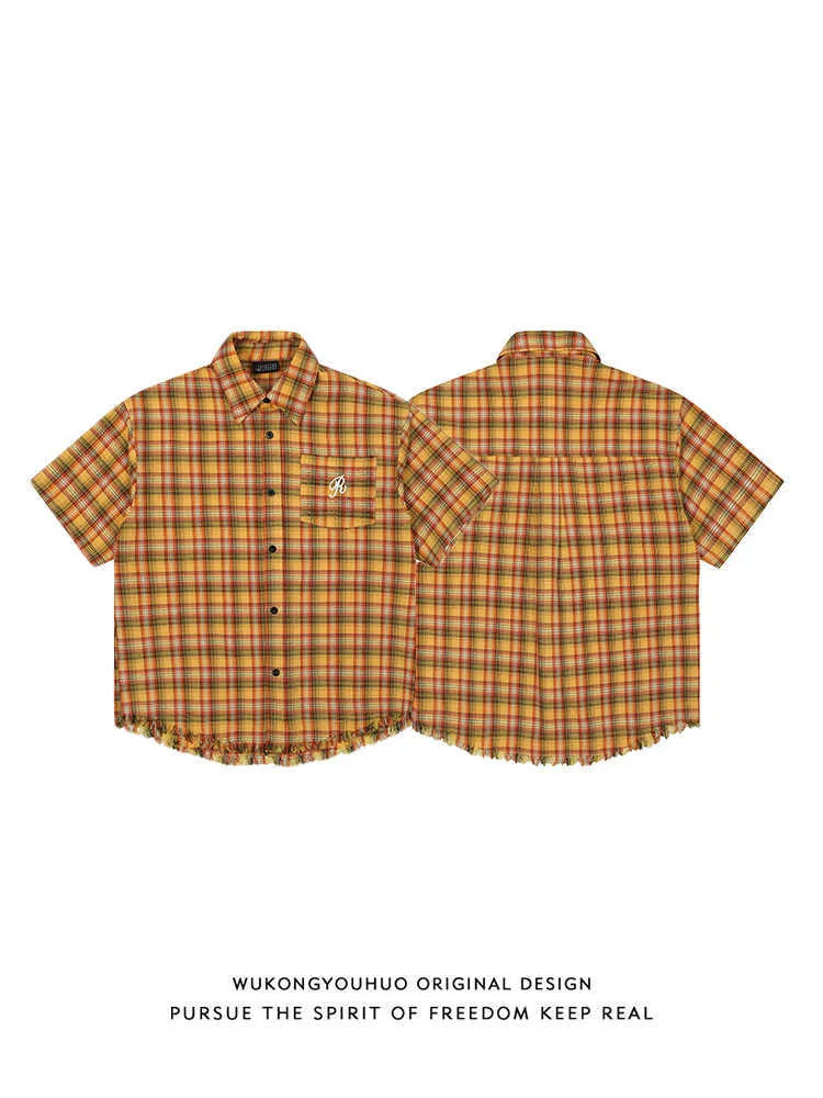Yellow check patterned short sleeve plaid shirt with embroidered chest pocket detail