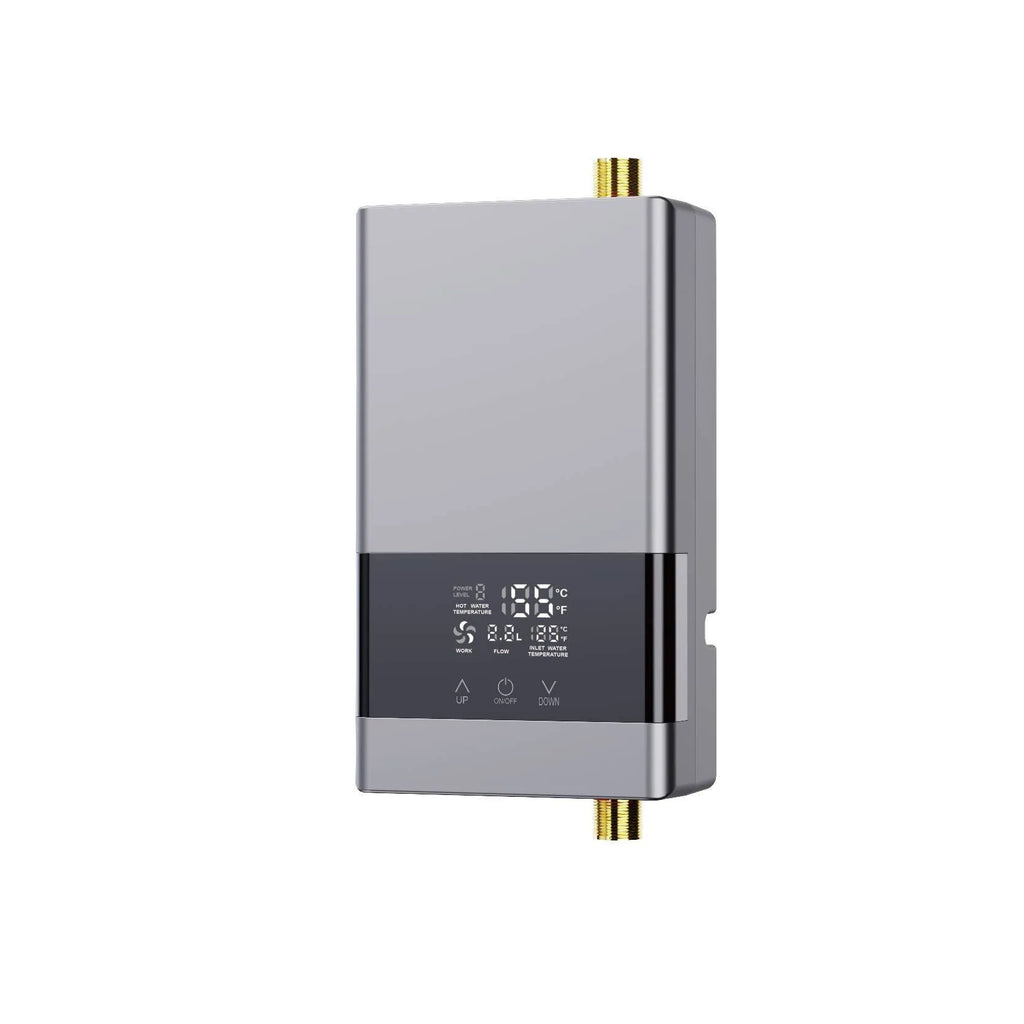 Instant electric water heater with LED touch screen display and remote control for kitchen or shower use.