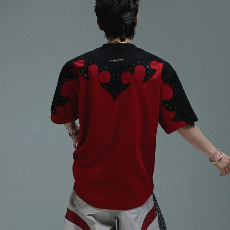 Men's cotton shirt with three-dimensional stitching and burnt flower rhinestone decoration in loose fit