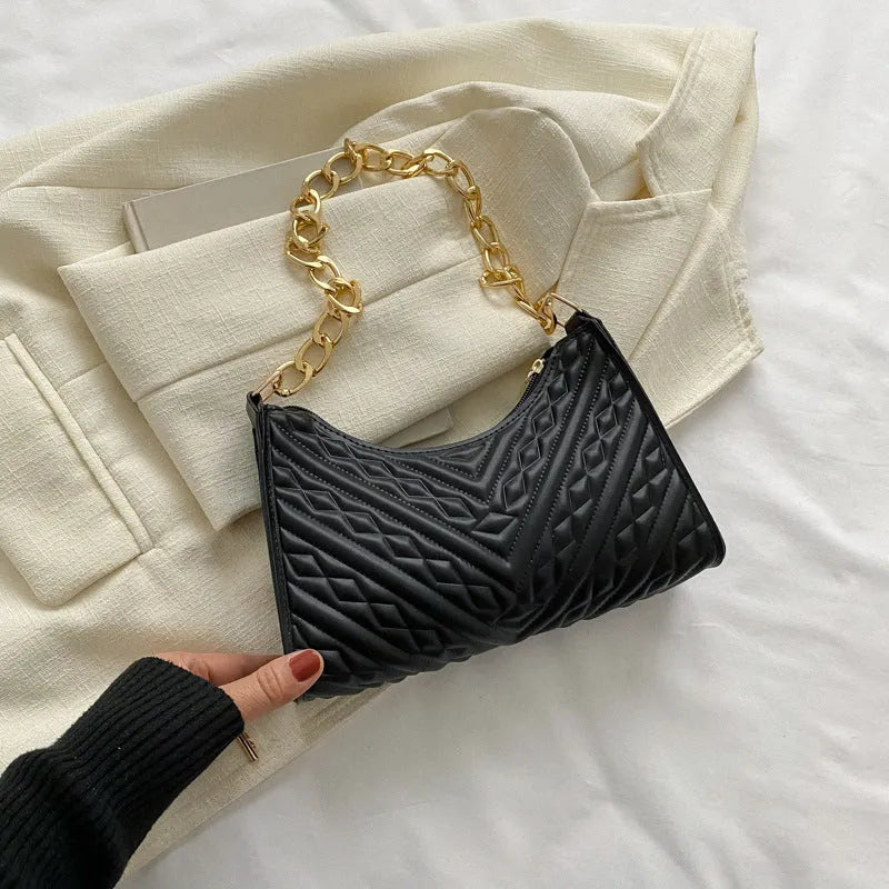Brown PU leather pleated chain baguette shoulder bag with single strap showing vertical square shape