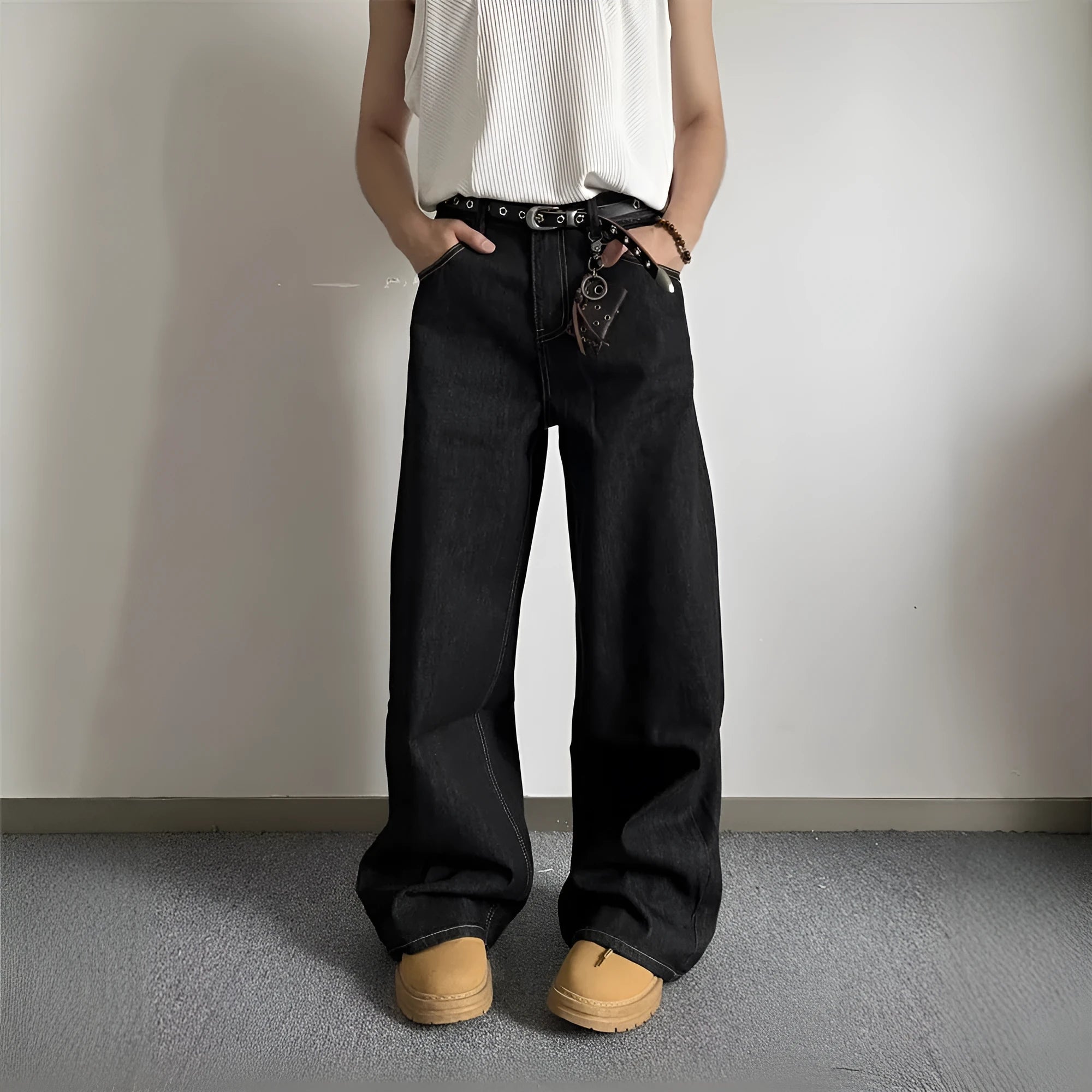 Black retro loose wide-leg straight-leg jeans with mid-waist and zip fly