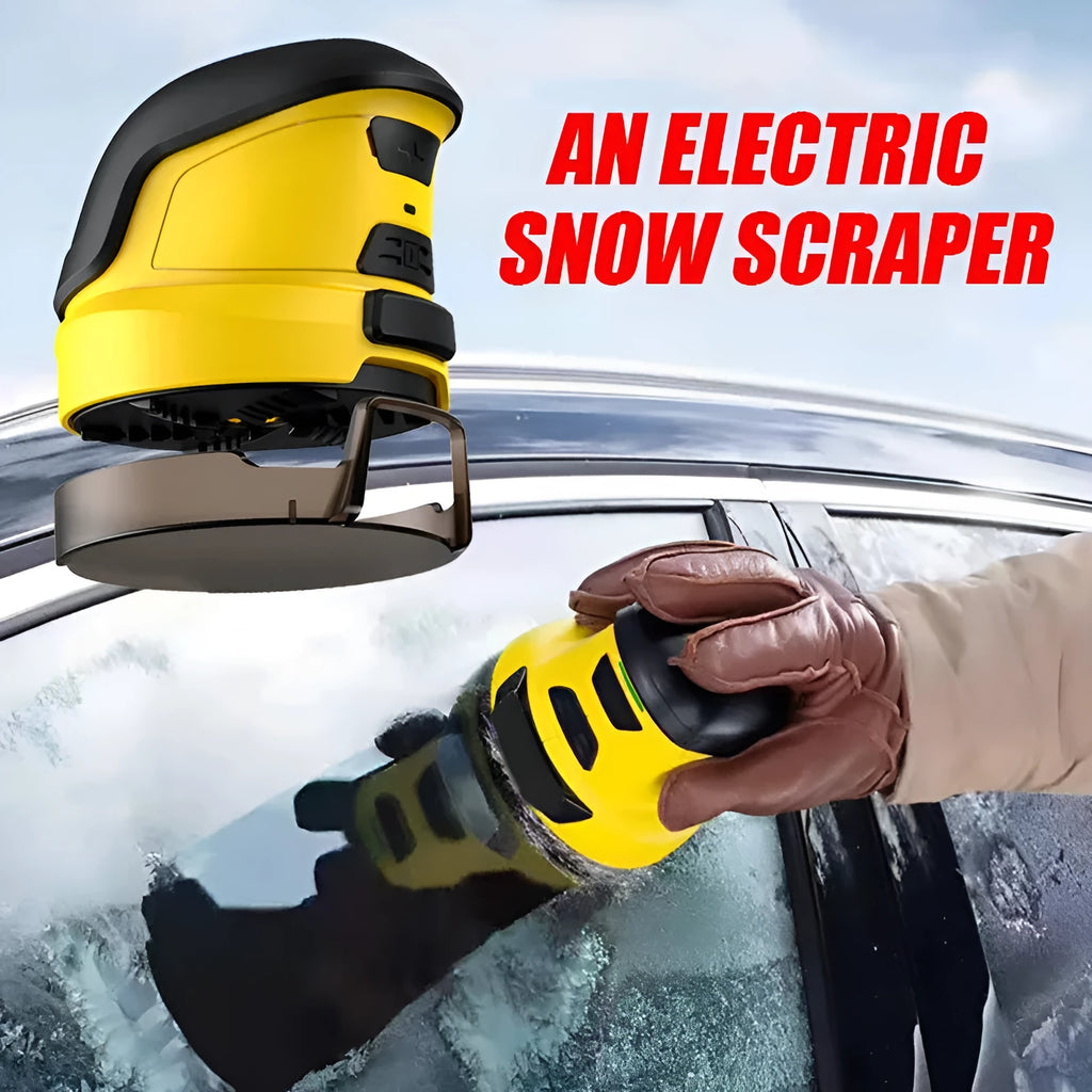 Yellow cordless electric car ice scraper with USB charging cable on a car windshield.