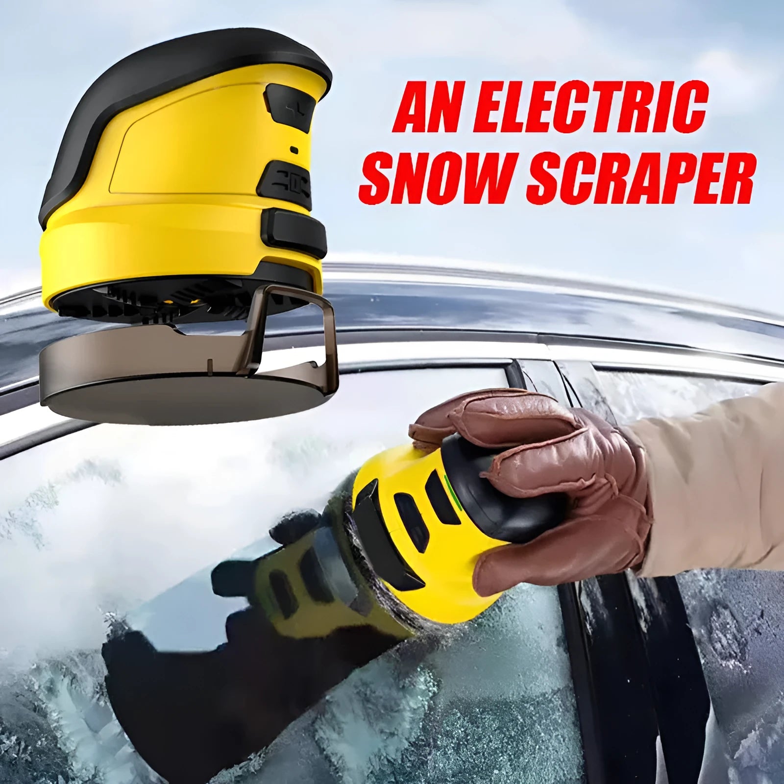 Yellow cordless electric car ice scraper with USB charging cable on a car windshield.