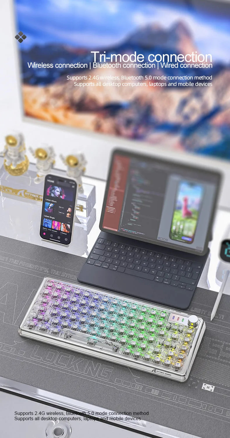 Attack Shark K75 RGB wireless mechanical keyboard with transparent case on a desk
