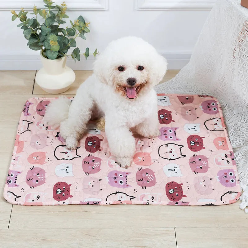 Reusable washable pet urine pad in animal world pattern showing waterproof cloth material.