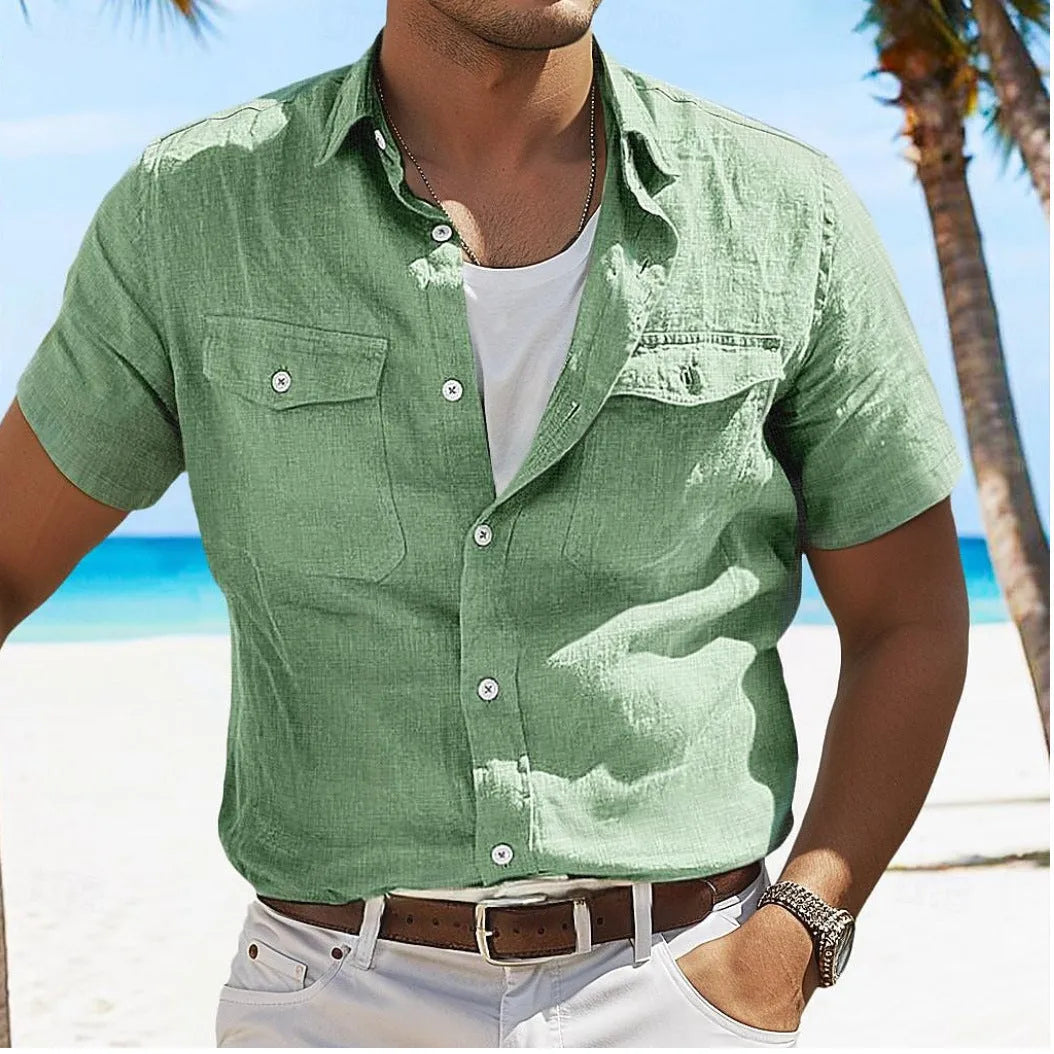 Men's loose-fit cotton linen shirt in a solid colour with a polo collar and long sleeves.