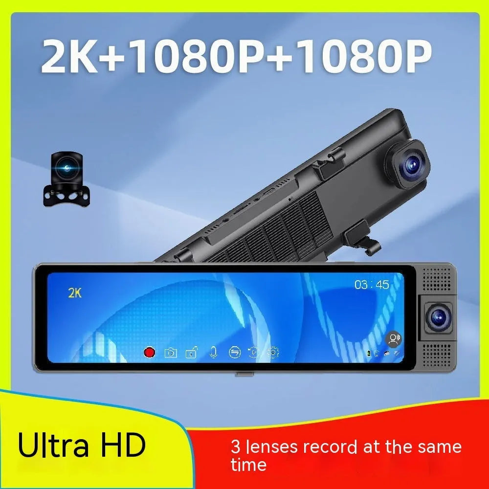 12-inch three-lens 2K HD rearview mirror driving recorder with touchscreen and voice control mounted in car