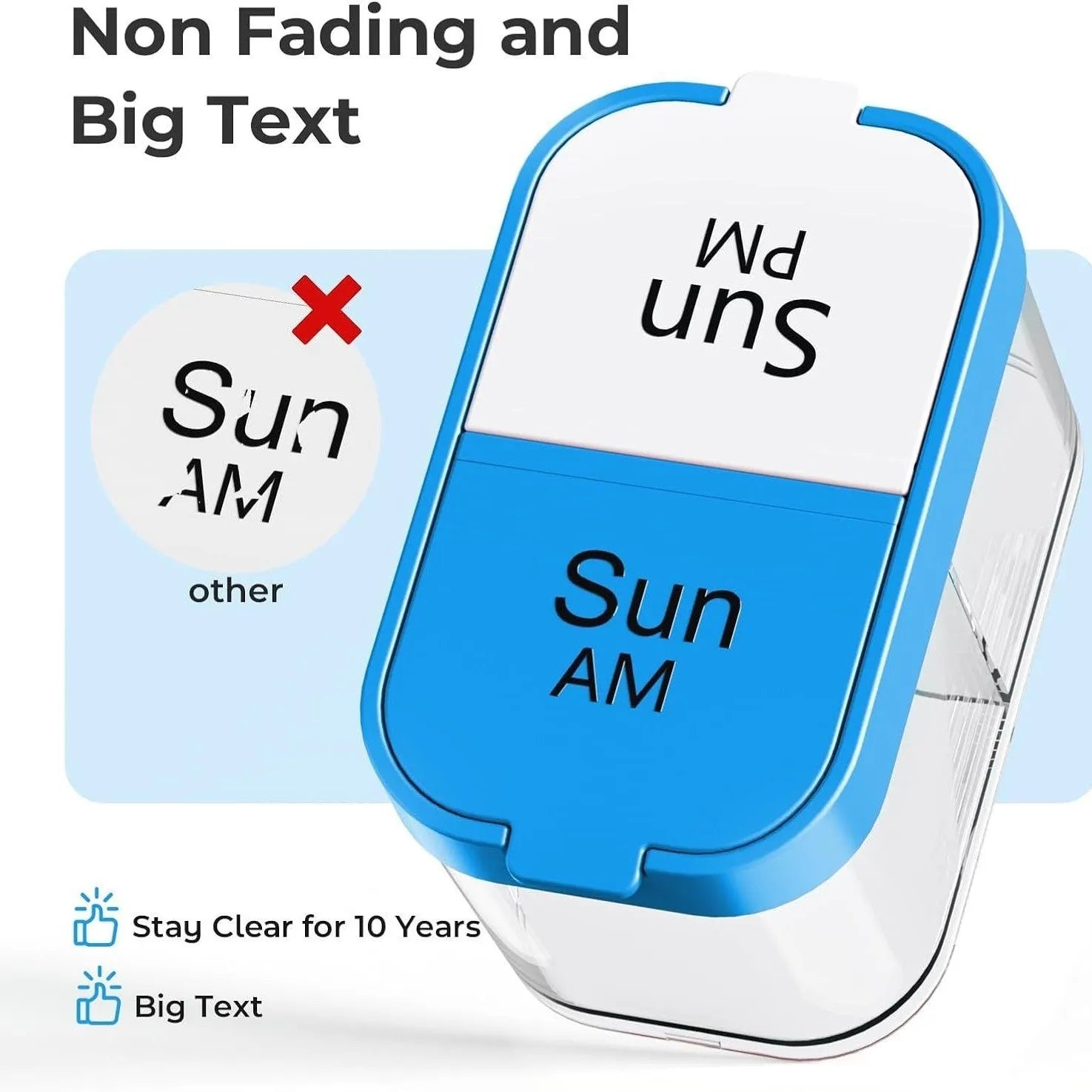 White and rainbow coloured plastic pill organiser with 14 removable compartments, shown with lid open.