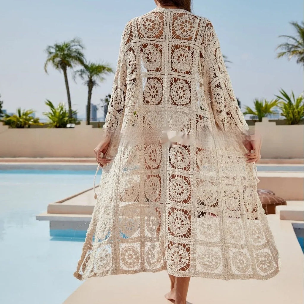 Loose apricot cotton embroidered long sleeved sun protection shirt for women, free size, beachwear