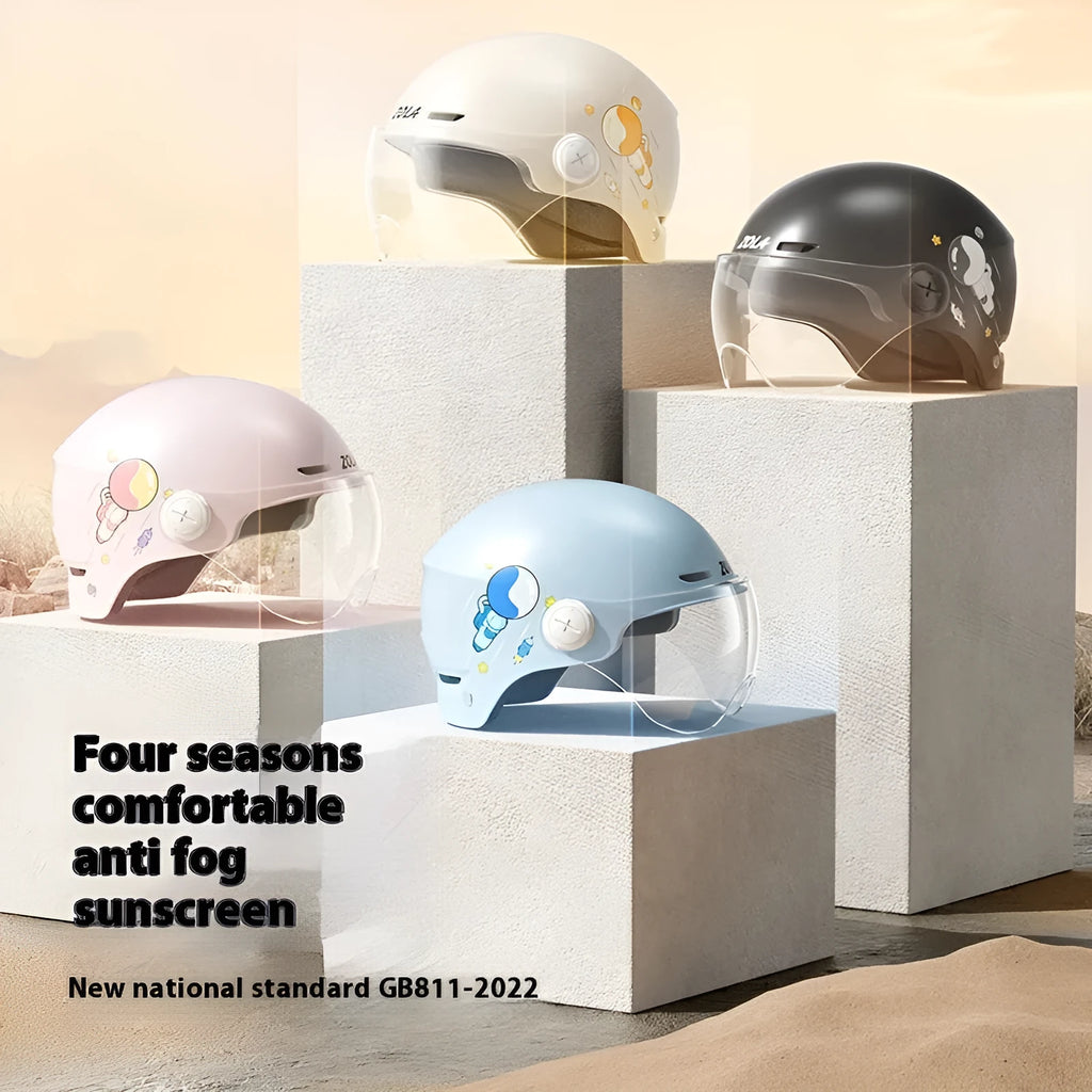 Khaki coloured ABS half helmet for electric motorcycles, shown with removable glasses attached.