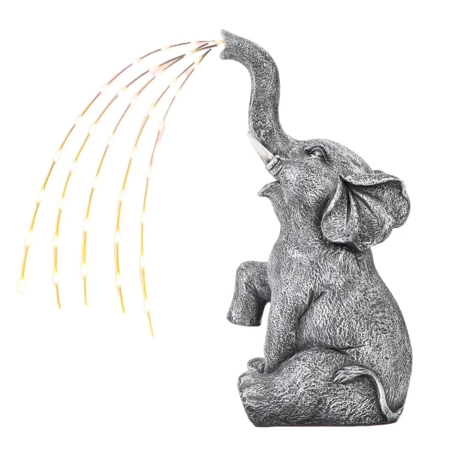 Outdoor resin elephant statue sculpture with LED light strip on garden lawn.