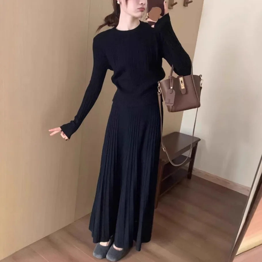 Women's dark grey knitted dress suit set with 3D pattern, artistic retro ethnic style sweater and skirt