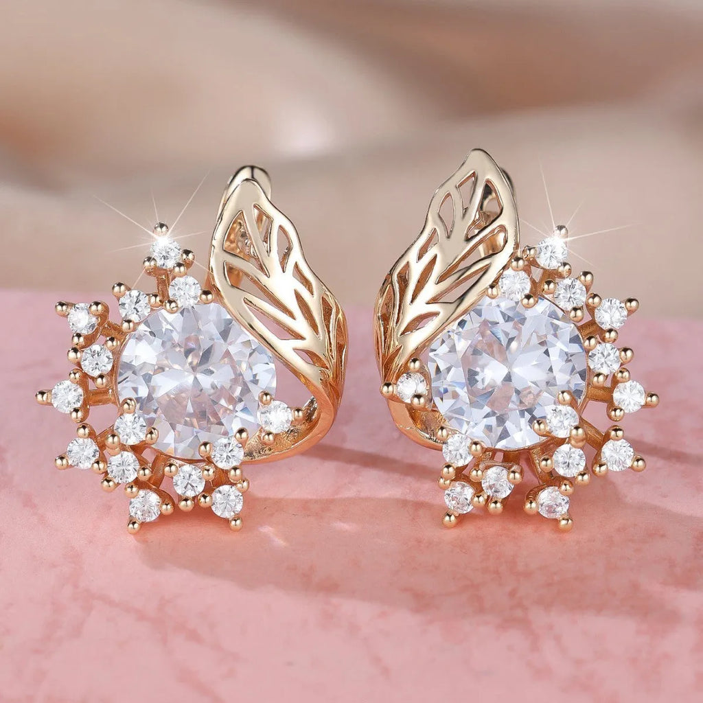 Round flower feather earrings with zircon stones in champagne gold finish, showing six colour variations
