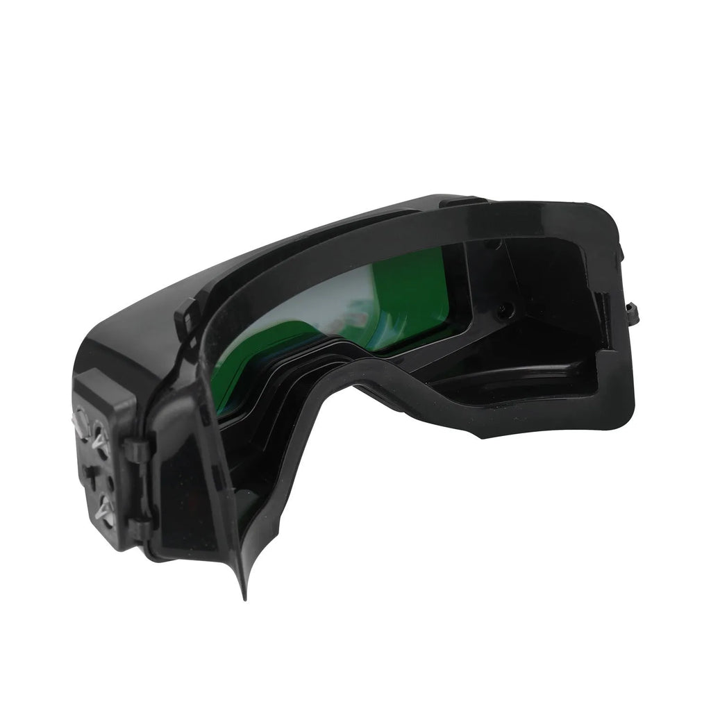 Black automatic darkening welding mask with a large rectangular viewing lens and adjustment controls on the side.