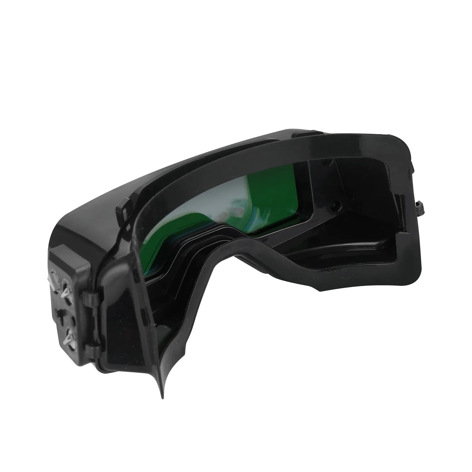 Black automatic darkening welding mask with a large rectangular viewing lens and adjustment controls on the side.
