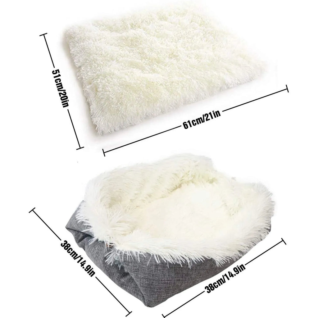 Two purpose gray pet blanket nest with long plush top and black non-slip bottom on a sofa