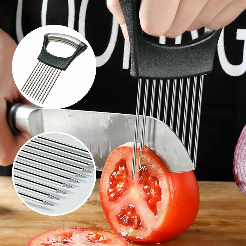 Stainless Steel Food Slice Assistant Onion Holder Slicer Tomato Cutter with NonSlip Handle 14cm x 9.5mm Kitchen Tool for Fixing and Dividing Food Materials
