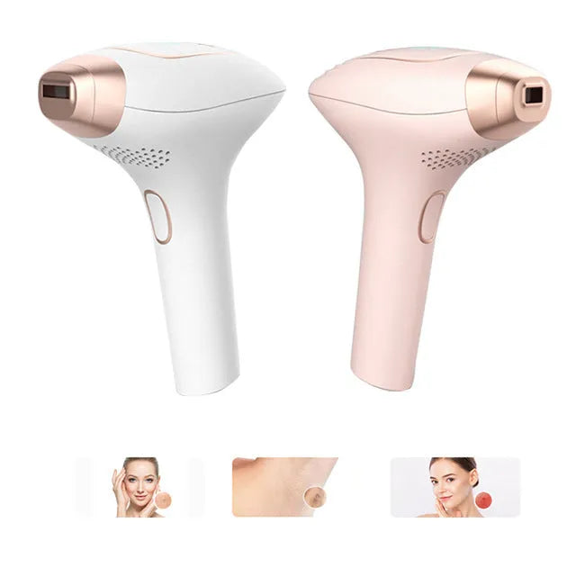 Pink and white three-in-one ice-sensing laser hair removal device with shaver and protective glasses