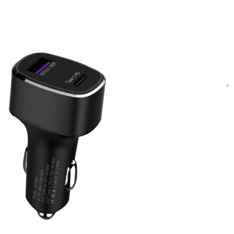 Car charger with dual USB and Type C ports, metal and PC construction, 12-24V fast charging