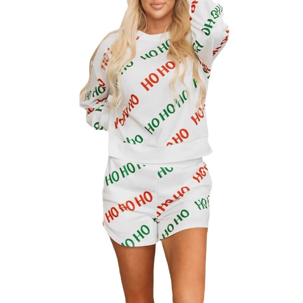 Women's white polyester two-piece suit with black letters printed design, long sleeves and fifth-length trousers