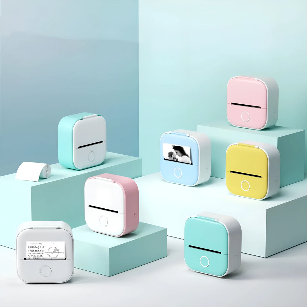Mini pocket portable printer with pink rabbit ear protective case and USB power cord