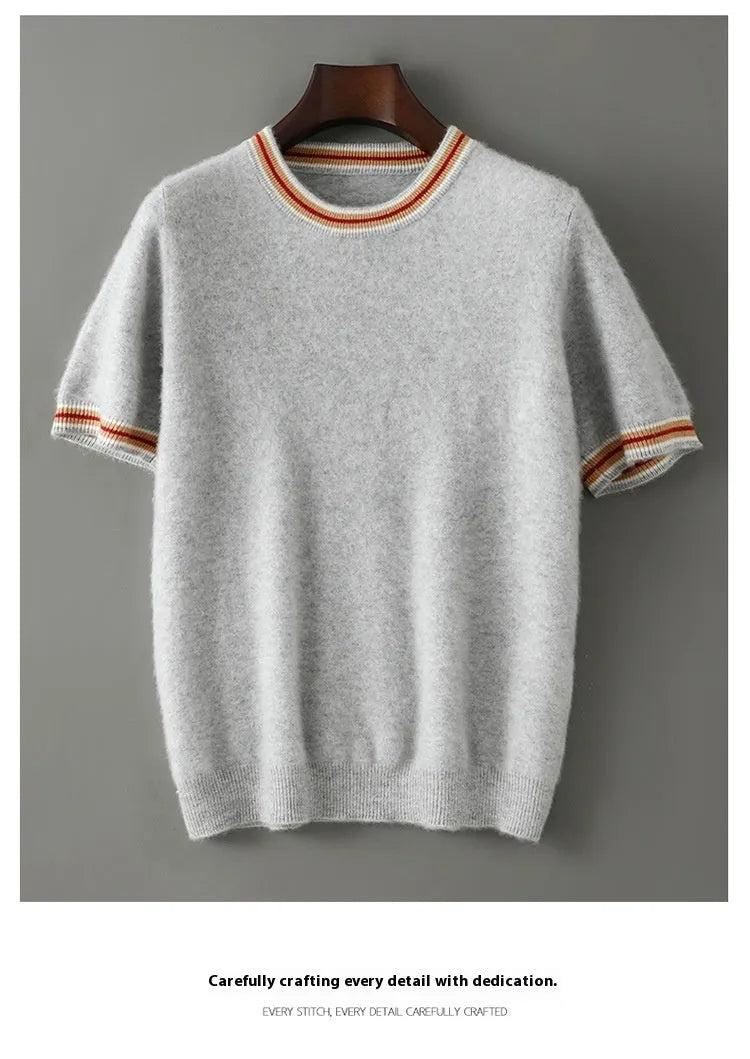 Men's round neck pure wool short sleeve sweater in grey shown front view