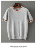 Men's round neck pure wool short sleeve sweater in grey shown front view