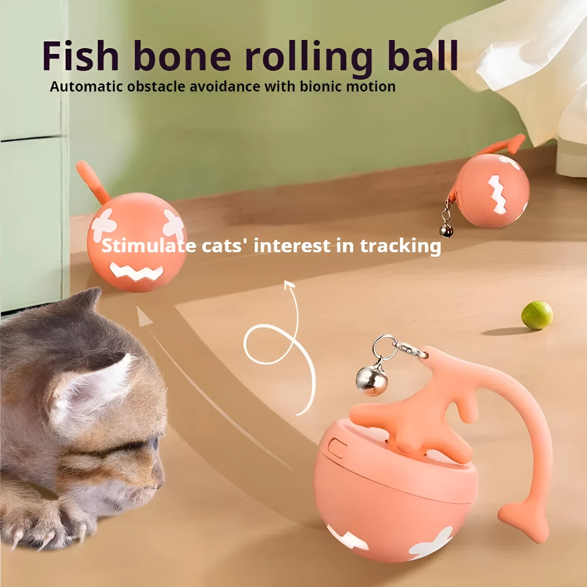 Pet cat toy fish bone rolling ball USB electric cat teasing ball with replaceable feather stick, blue colour