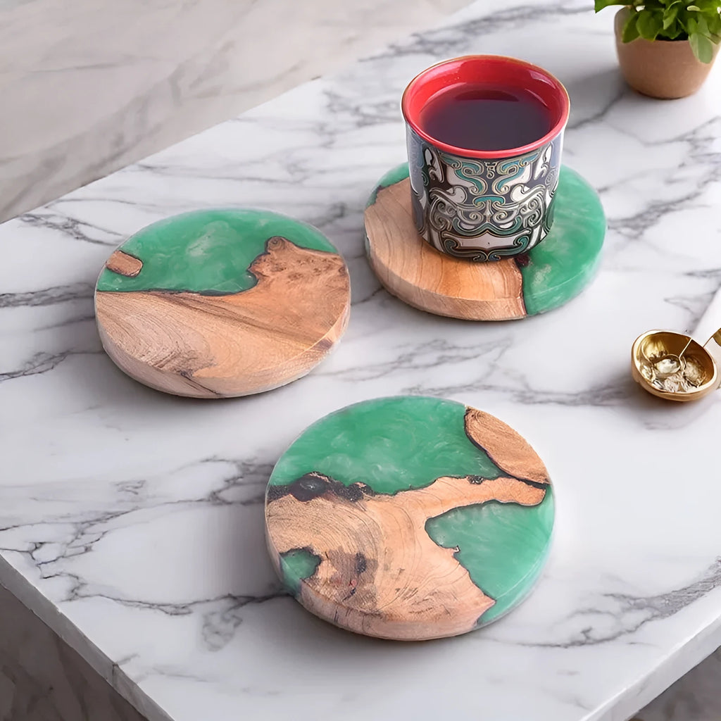 Nordic wooden style Kung Fu tea coaster in heat insulation resin, 9.8cm diameter