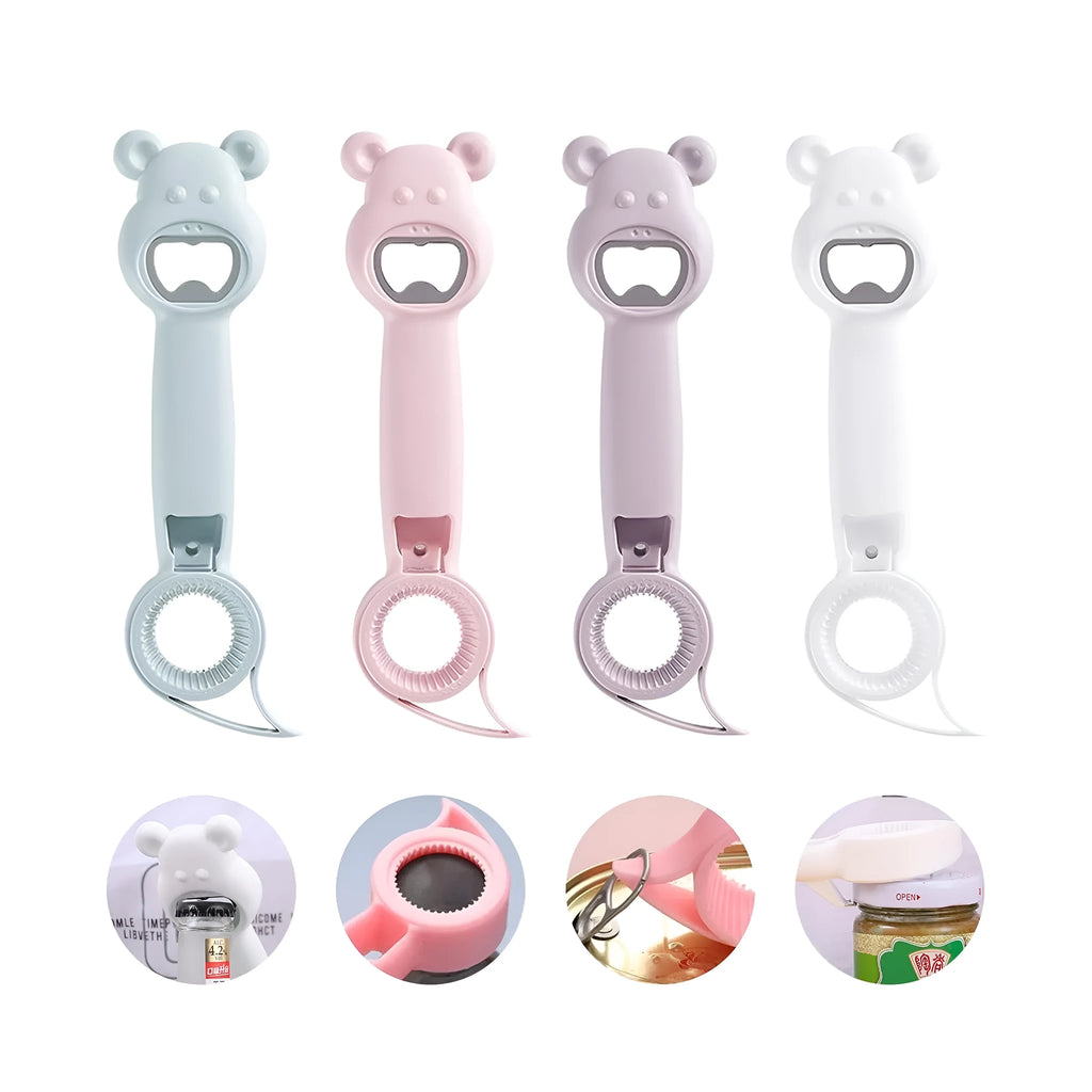 4-in-1 bear-shaped stainless steel and PP manual bottle and jar opener in gray blue on white background