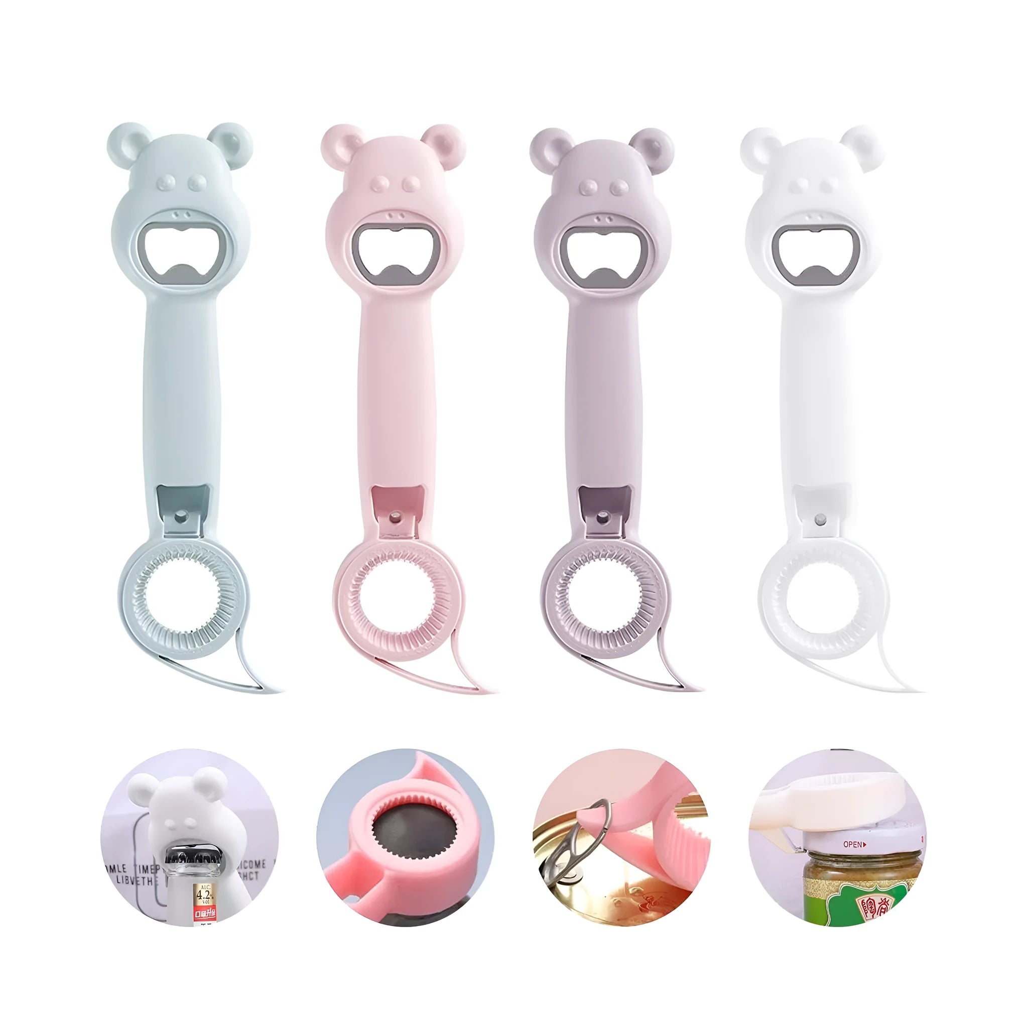 4-in-1 bear-shaped stainless steel and PP manual bottle and jar opener in gray blue on white background