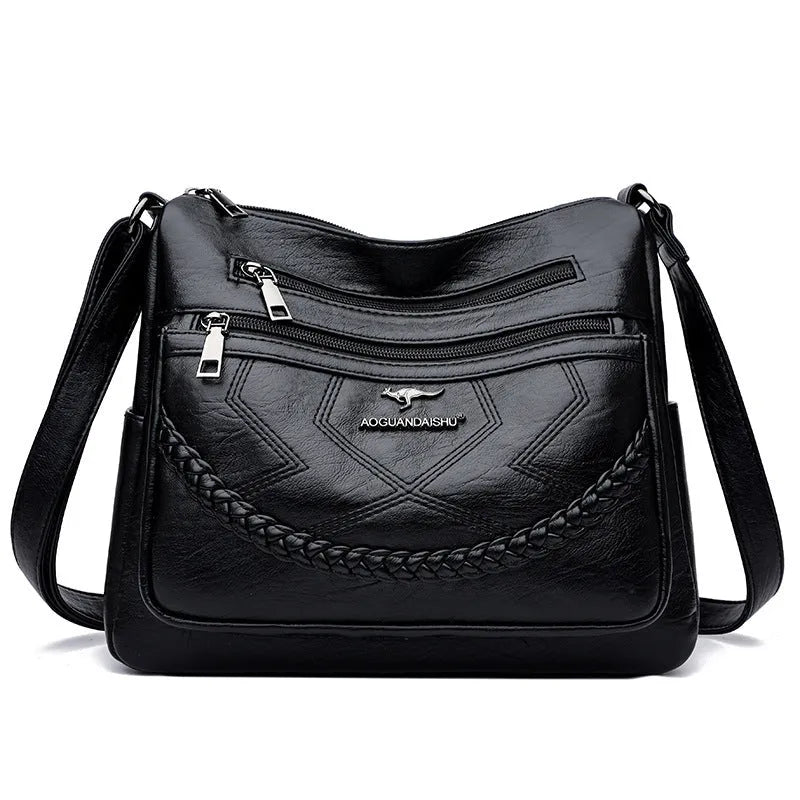 Soft leather large capacity shoulder bag in horizontal square shape with multiple compartments