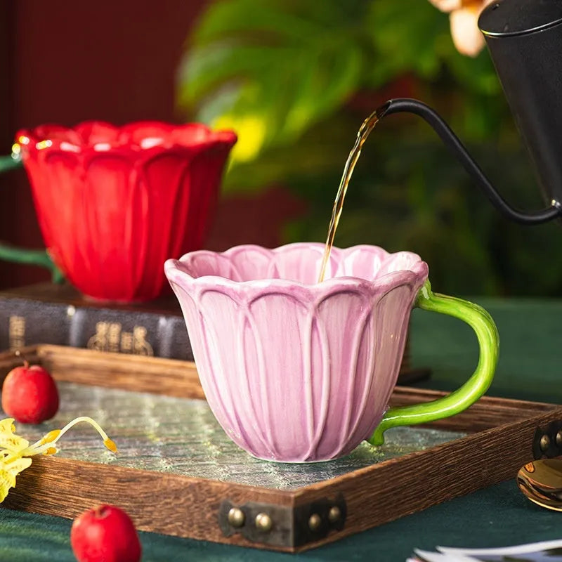 Ceramic breakfast cup with floral pattern in pastoral style, 500ml capacity
