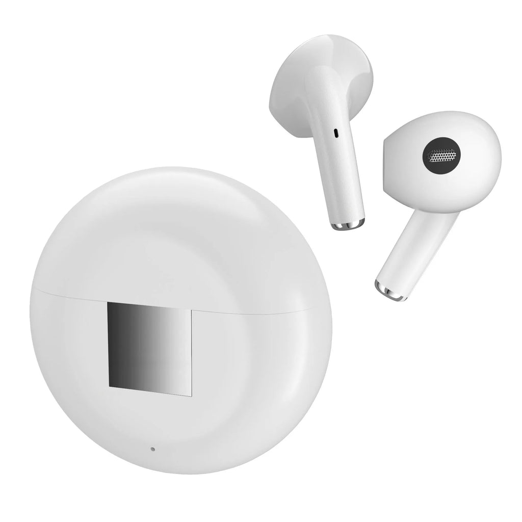 White Budz5 wireless Bluetooth earphones with semi-in-ear design and compact charging case