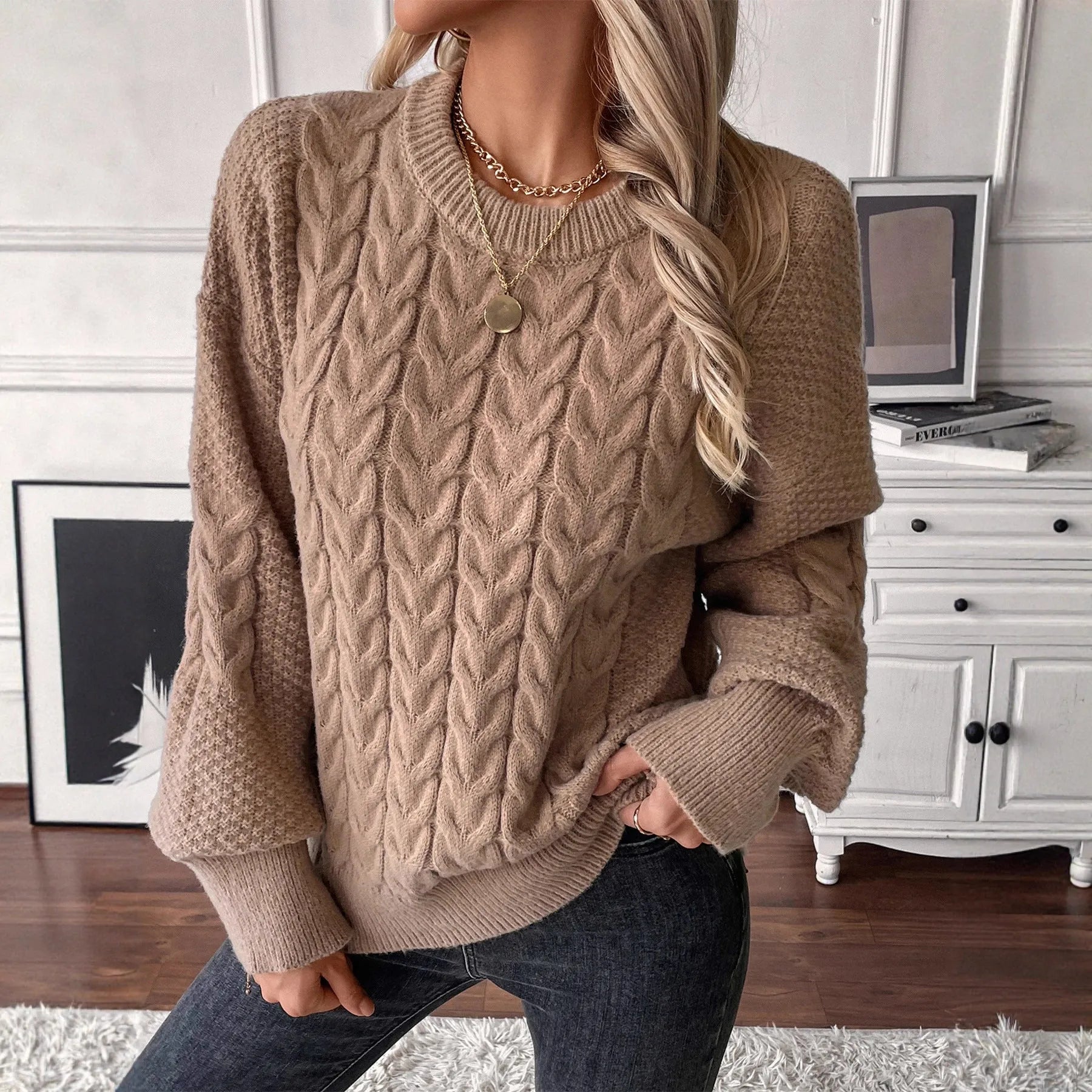Women's beige loose pullover sweater with twist detail and round neck