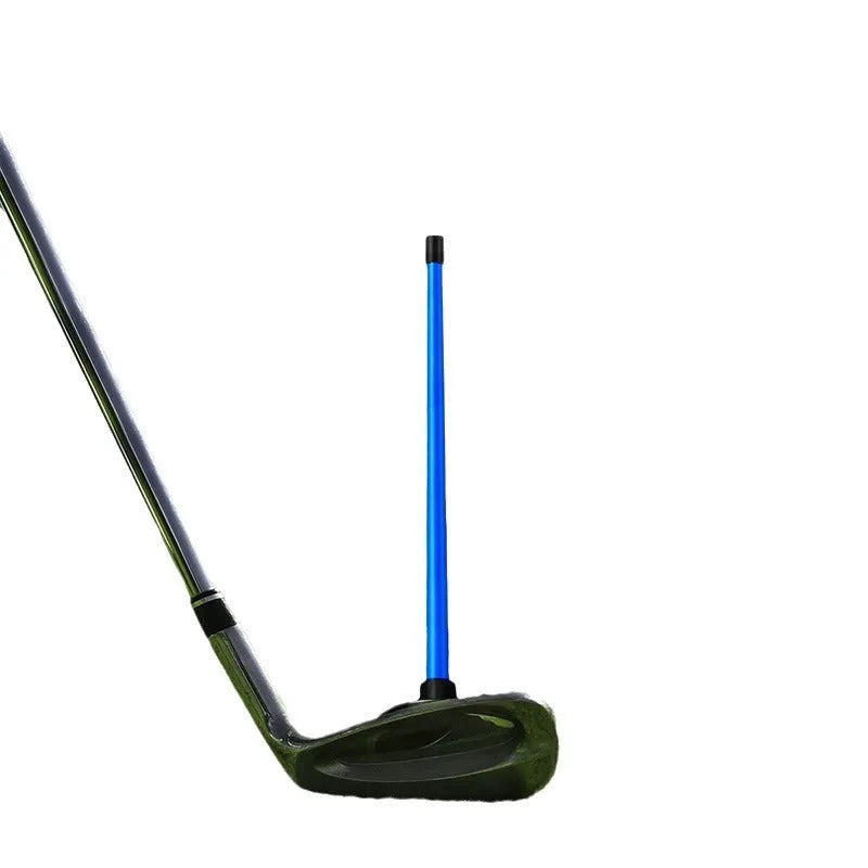 Red and blue aluminium alloy golf swing trainer with magnetic direction and alignment bar.