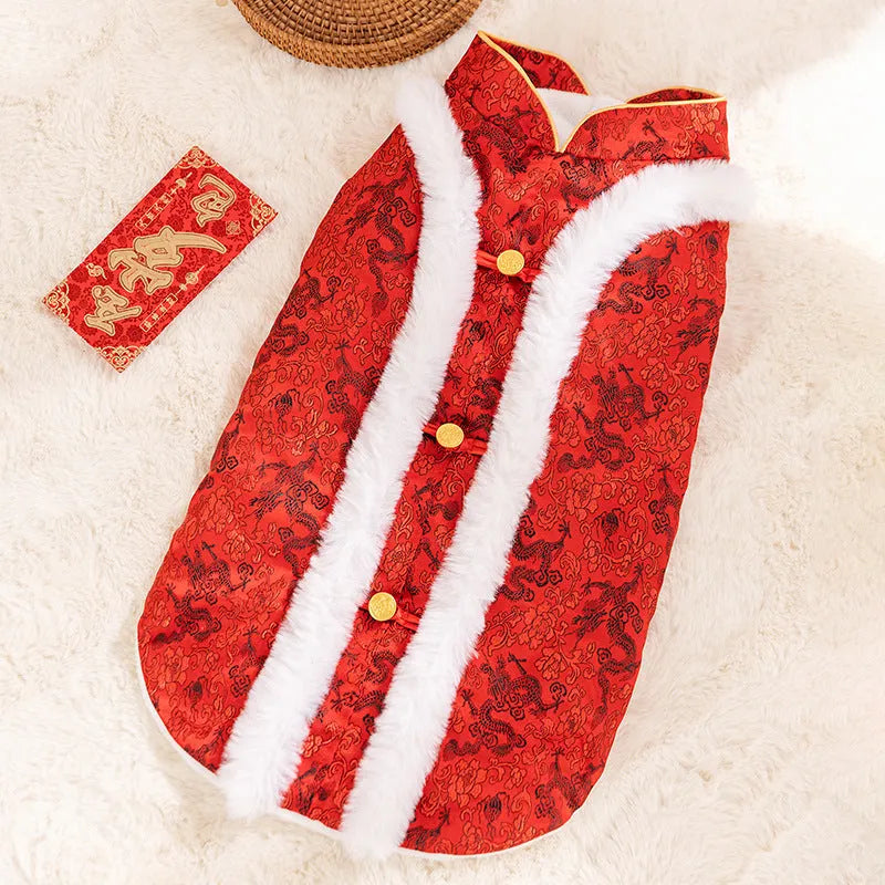 Chinese-style cotton-padded pet coat for large dogs in red with dragon embroidery and rabbit fur collar