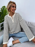 Women's black striped viscose fibre top with drop shoulder sleeves and loose casual fit