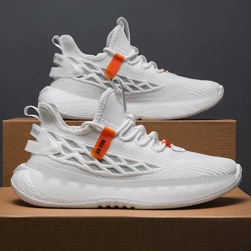Men's white mesh platform sneakers with flat heel and lace-up front closure