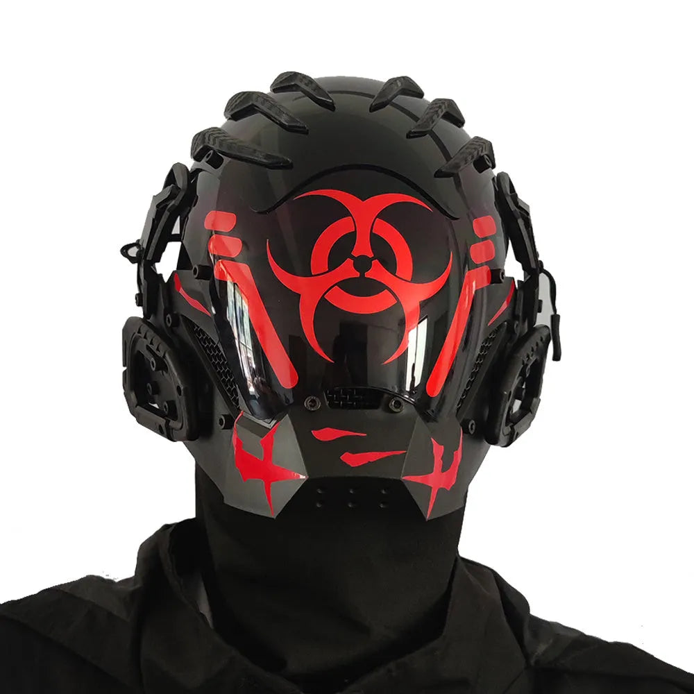 Black full face bioweapon tech prop mask showing complete helmet-style coverage