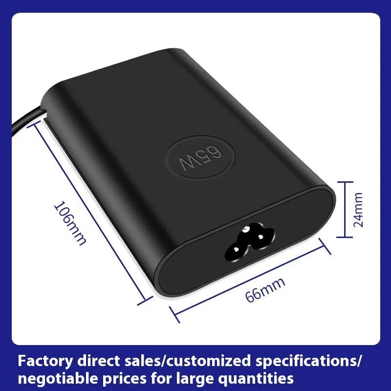 Black 65W USB-C laptop power adapter with multiple international plug attachments