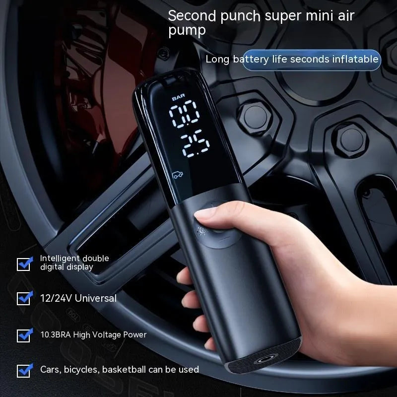 Black portable electric car air pump with digital pressure display and plug-in power cable