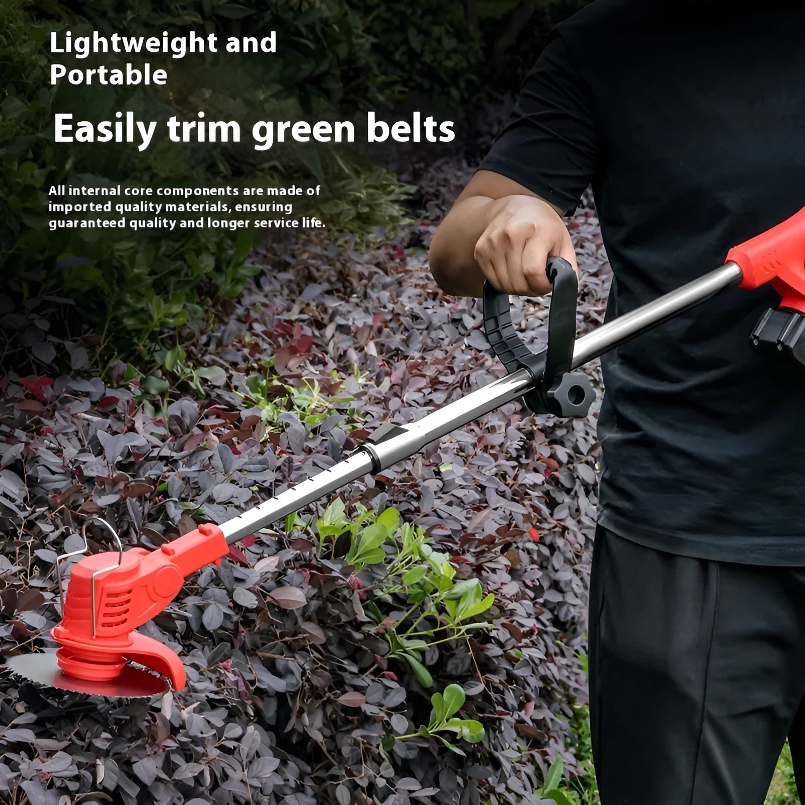 Household portable weeding machine in red bare metal finish, 1300mm length, 1000W motor