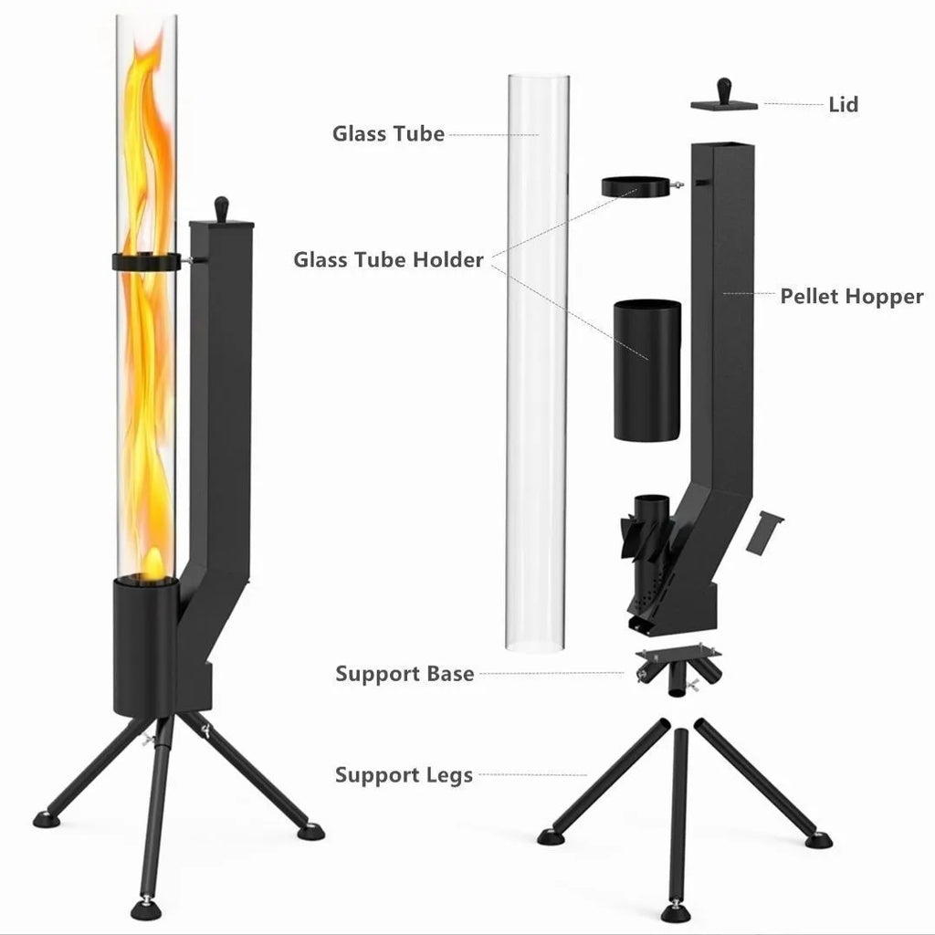 Vertical iron wood burning rocket furnace heating stove for courtyard and patio use