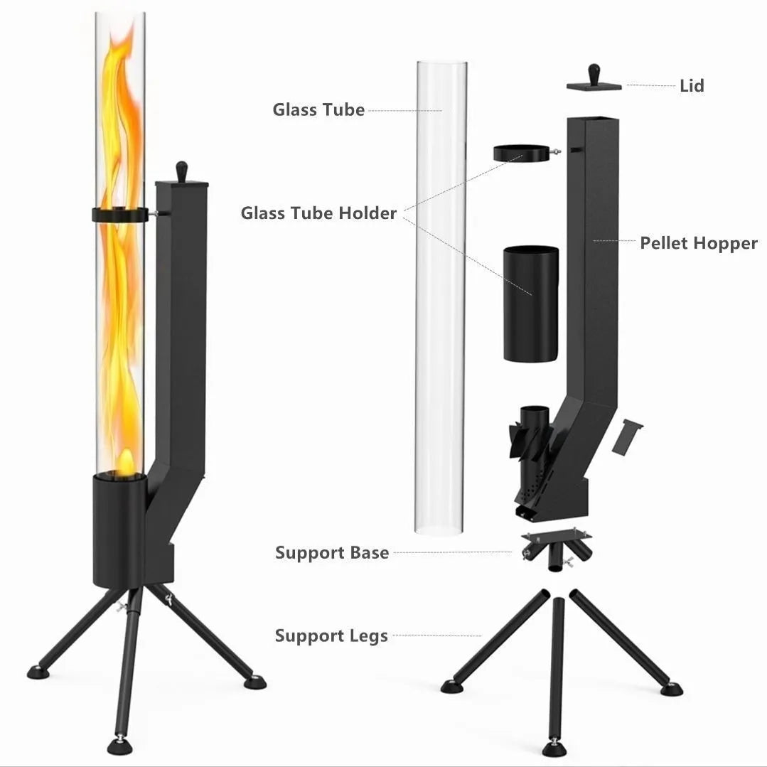 Vertical iron wood burning rocket furnace heating stove for courtyard and patio use