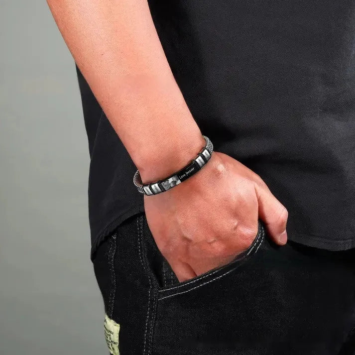 Titanium steel men's bracelet with leather rope and engraved letter beads