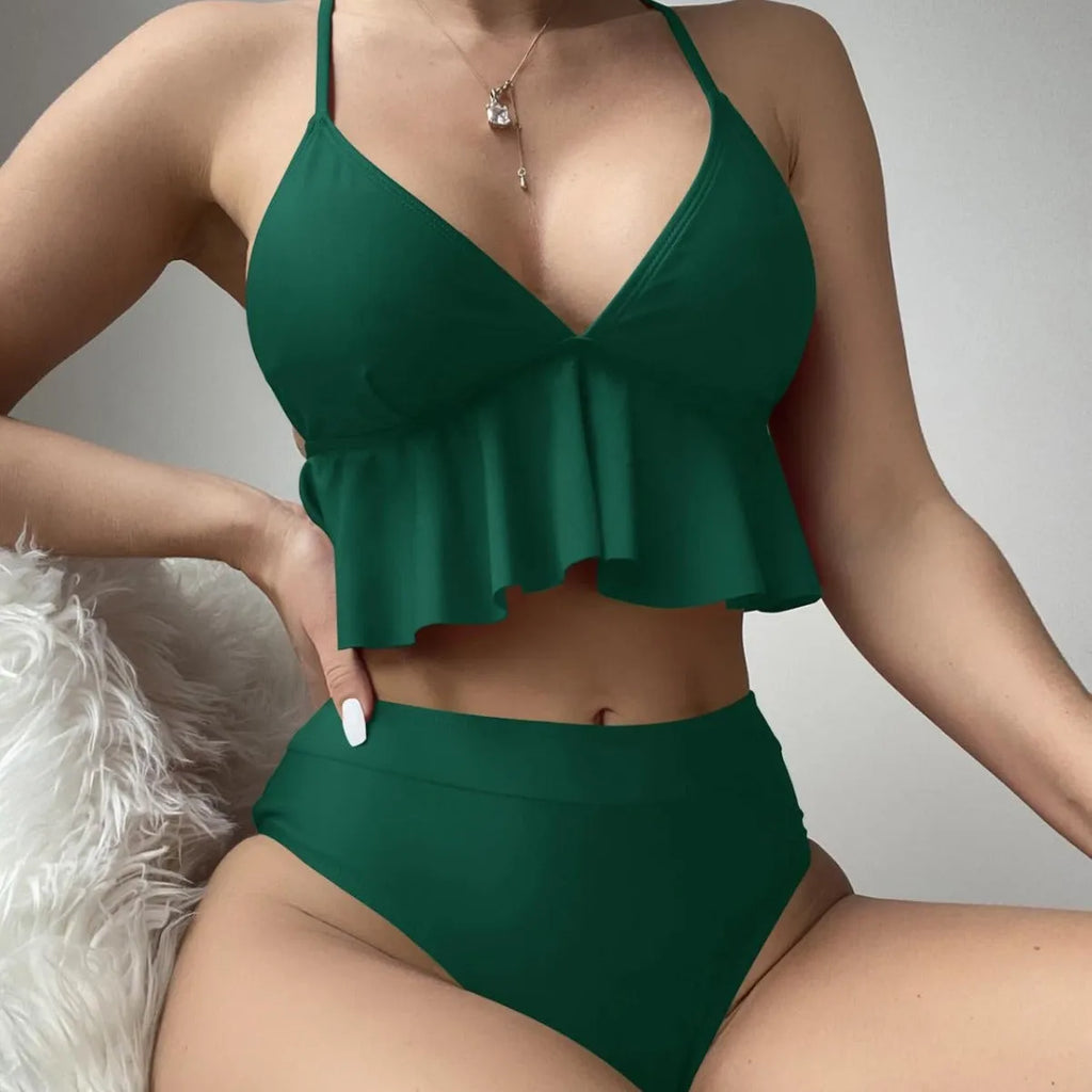 Women's solid colour split bikini swimsuit in black with polyester fabric and spandex lining