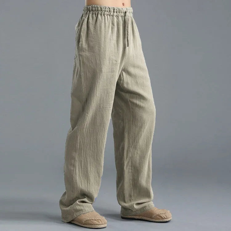 Men's breathable linen loose casual sports pants in khaki with elastic waistband, available in sizes S to 5XL