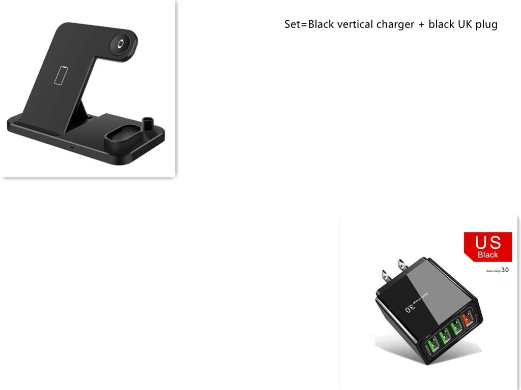 Black 4-in-1 wireless charging station for iPhone, Apple Watch, AirPods and Apple Pencil on a desk