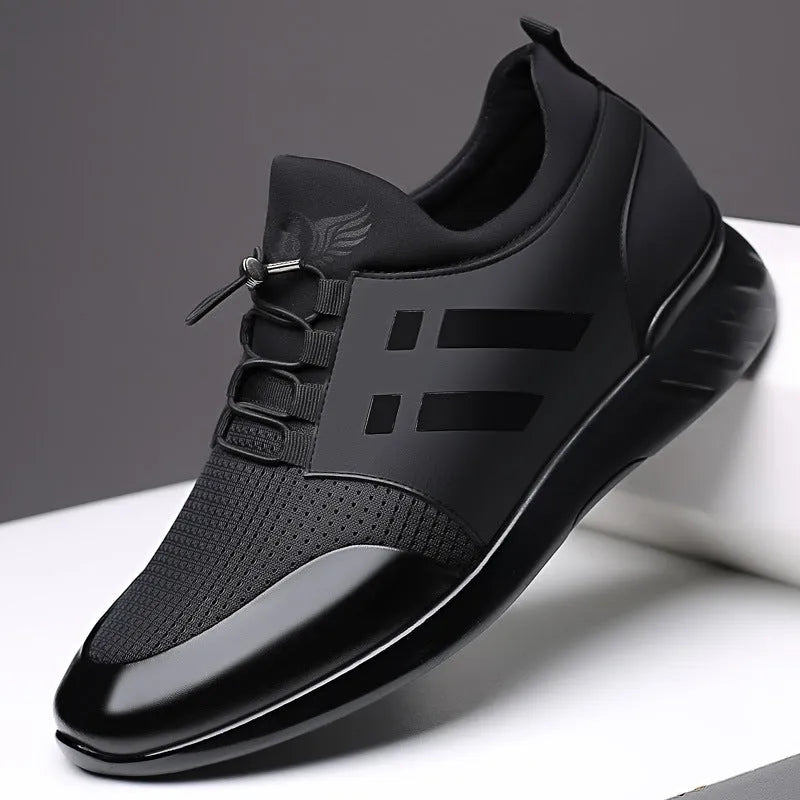 Men's black genuine leather height increasing casual shoes with chunky heel and round toe.